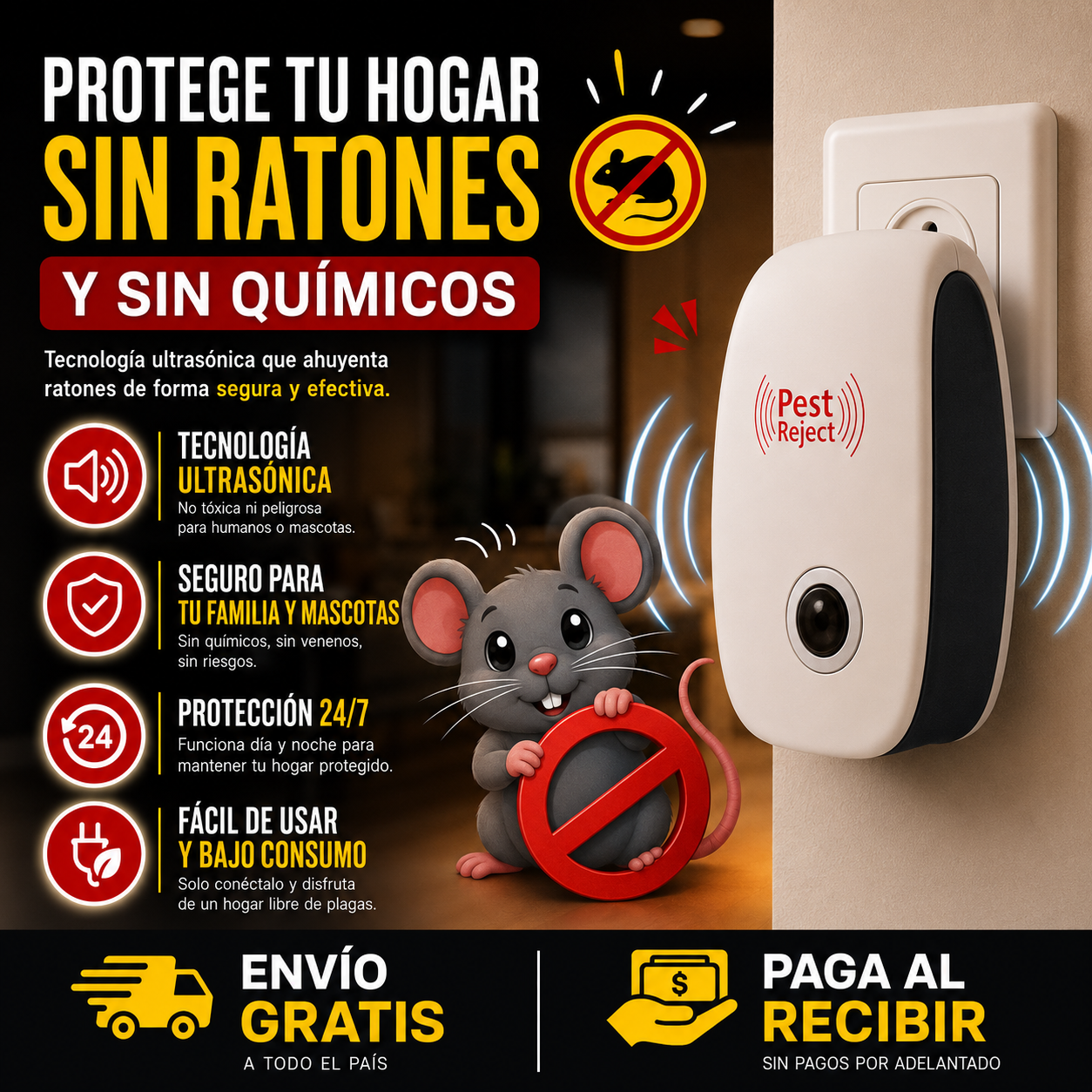 Repelente Eléctrico para Ratones – Protección Continua sin Químicos