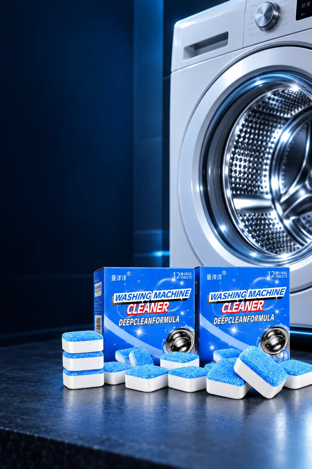 Lavadora con cajas y pastillas limpiadoras azules y blancas